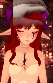 a girl with red hair and purple horns is standing in front of candles