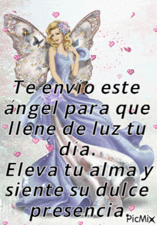 a picture of an angel in a blue dress with a message in spanish