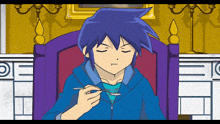 a boy with blue hair is sitting in a chair with a spoon in his mouth