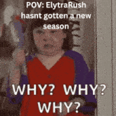 a little girl is standing in front of a door and asking why why why ?