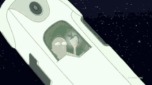 a cartoon character is flying in a space ship holding an apple .