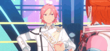 a girl with pink hair is standing next to a boy with red hair