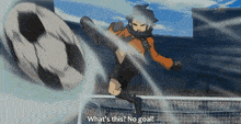 a man kicking a soccer ball with the words what 's this no goal