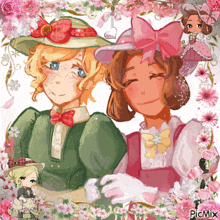 a picture of two girls with flowers and picmix written on the bottom right