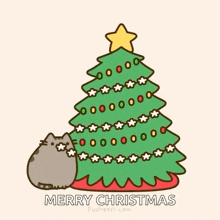 a cartoon cat sitting next to a christmas tree with the words merry christmas written below it