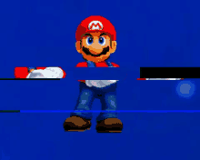 a cartoon character with a red hat and a white m on it