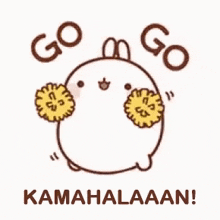 a cartoon rabbit is holding two pom poms in front of its face and says `` go go kamahalaaan '' .