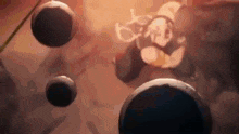 a bunch of balls are floating in the air in a cartoon .