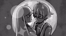 a black and white drawing of a girl and a boy