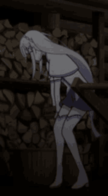 a girl with white hair is standing next to a pile of logs