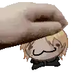 a hand is petting a cartoon character 's head .