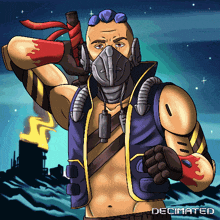 a pixel art drawing of a man wearing a gas mask with the word decimated underneath him