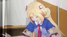 a cartoon girl with long blonde hair is wearing a blue top and a red tie