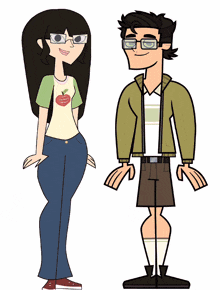 a boy and a girl are standing next to each other and the girl has an apple shirt on
