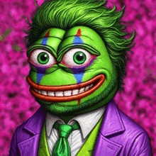 a green frog is dressed as the joker and wearing a purple jacket and tie .