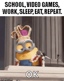 a minion is wearing a crown and holding a microphone while sitting at a piano .