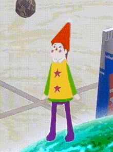 a cartoon character with a red hat and a yellow shirt with three stars on it