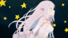 a girl with long white hair and gloves is surrounded by yellow stars