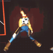 woody from toy story is dancing in a dark room .