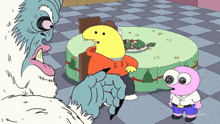 a cartoon character with the letter b on his sweatshirt
