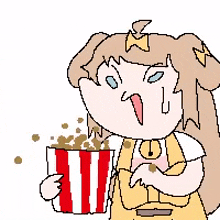 a cartoon girl is holding a striped bucket of popcorn .