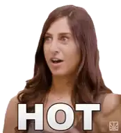 a woman with a surprised look on her face has the word hot written on her chest
