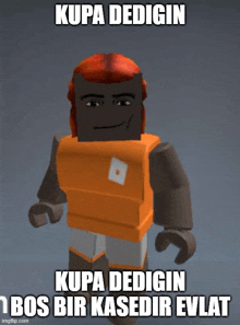 a lego man with red hair is wearing an orange shirt and shorts .