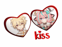 a boy and a girl are in a heart with the word kiss below them