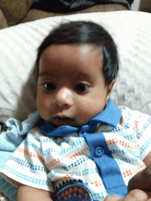 a baby wearing a blue shirt with a dinosaur patch on it
