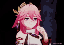 a girl with pink hair has a gifgenshin watermark on the bottom right