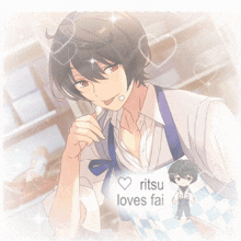 a drawing of a boy with the words ritsu loves fai above him