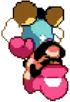a pixel art of a cartoon character with a pink heart