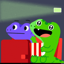 a cartoon of two lizards watching a movie with a popcorn bucket