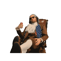 a man in a wig and sunglasses is sitting in a chair and pointing at something