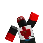 a roblox character with red and black gloves and a red hat .