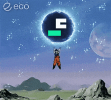 a cartoon character is holding a sphere with the letter e in it
