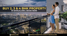 a couple standing on a balcony with the words buy 2 3 & 4 bhk property in bangalore