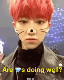 a young man with red hair is wearing a cat face mask and says are s doing well ?