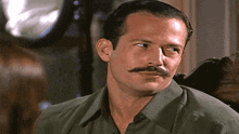 a man with a mustache wearing a green shirt looks at the camera