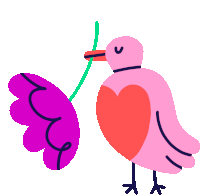 a pink bird with a red heart on its chest is holding a purple flower in its beak