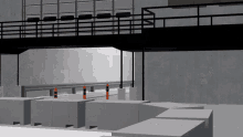 a computer generated image of a bridge with a black railing and concrete blocks