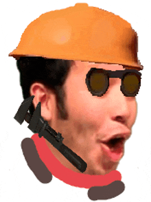 a man wearing a hard hat and sunglasses is making a funny face