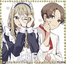 a girl in a maid outfit is making a heart shape with her hands over her eyes