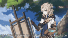 a pixel art of a man painting with the words get this fucking paint brush out of my face above him