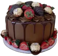 a chocolate cake with strawberries and chocolate covered ferrero rocher