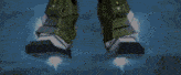 a robot 's feet are flying through the air .