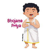 a cartoon drawing of a boy eating food with the words bhojana priya below him