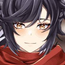 a close up of a girl 's face with dark hair and brown eyes