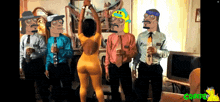 a group of men and a woman are standing in a living room with a cartoon of snoop dogg in the corner