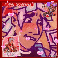 a pixel art of a man with hearts around him and the words i love my boyfriend